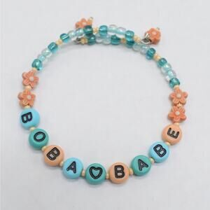 Handmade "Boba Babe" bubble tea memory wire bracelet blue/teal/peach Kawaii gift